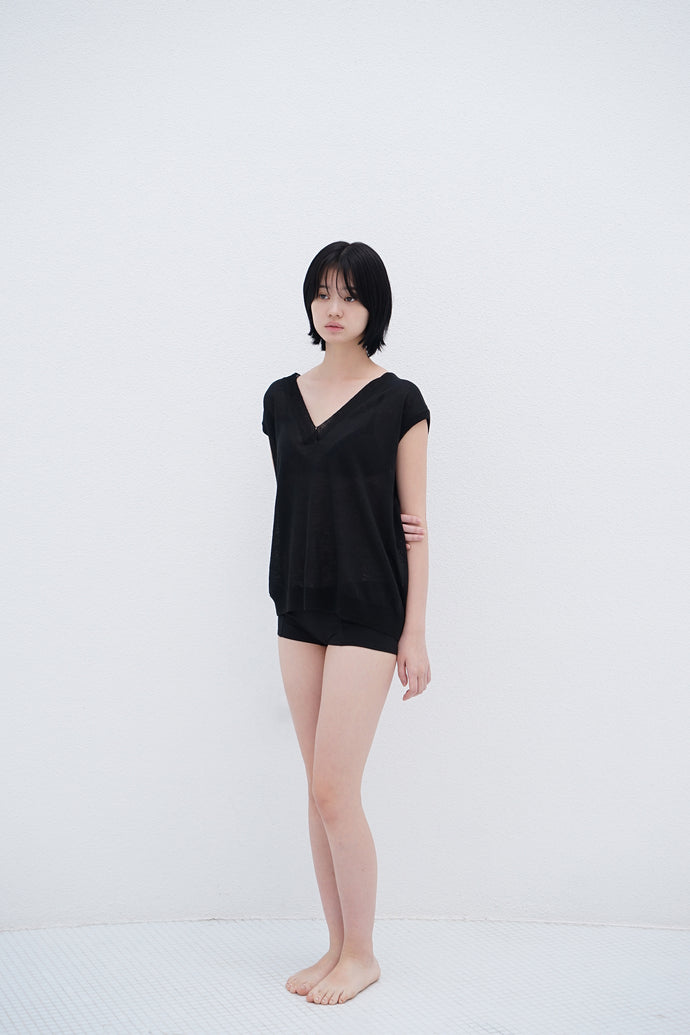 V-Neck Linen Knit Vest  Black