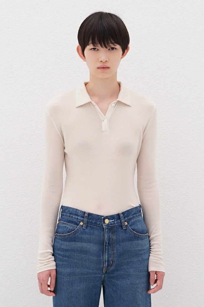 Long-Sleeve Polo Shirt Cashmere-Blended Ivory
